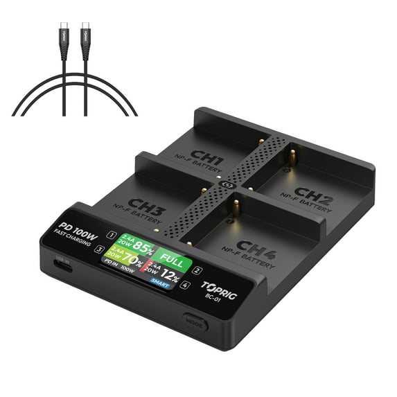 Accsoon Toprig BC-01 PD 100W 4-Channel LCD Display NP-F Battery Charger with Power Detection, Under-Voltage Battery Activation forSony NP-F970 NP-F750 NP-F550 Battery-100w PD Adapter not Included