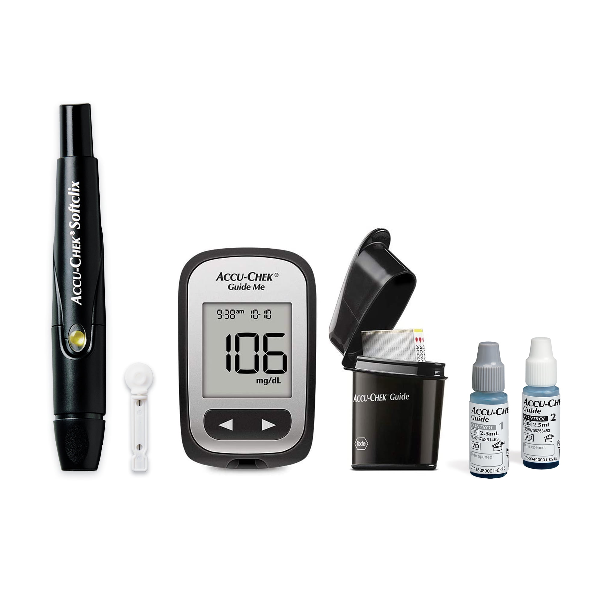 Accu-Chek Softclix Glucose Monitor Kit for Diabetic Blood Sugar Testing:  Guide Me Meter, Softclix Lancing Device & 110 Lancets, 100 Guide Test  Strips, and Control Solution (Packaging May Vary) 