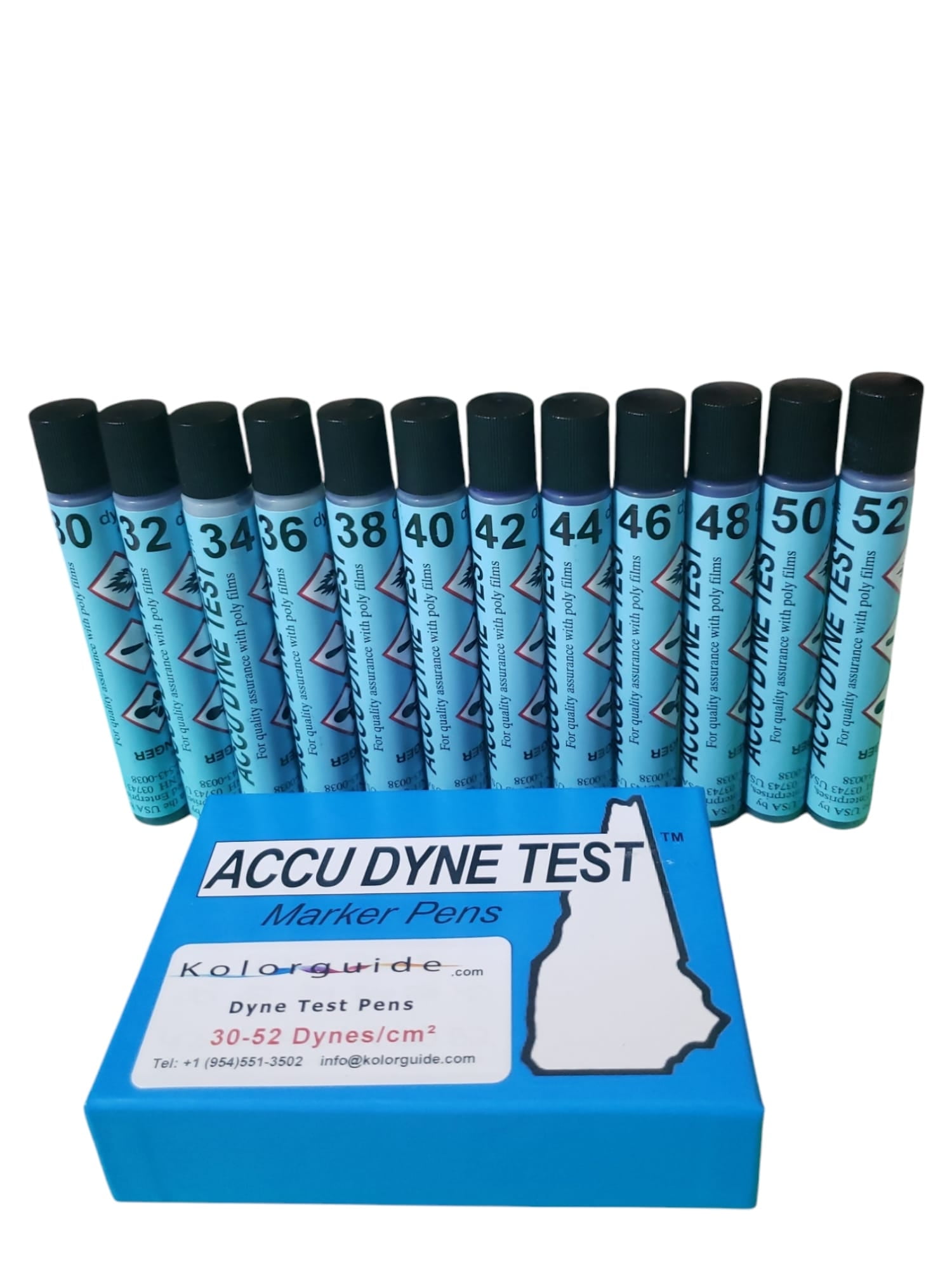 Kit de Marcadores de Prueba Accu Dyne (30-52) Extendido para Películas Plásticas Vendido por Kolorguide (12 Unidades)