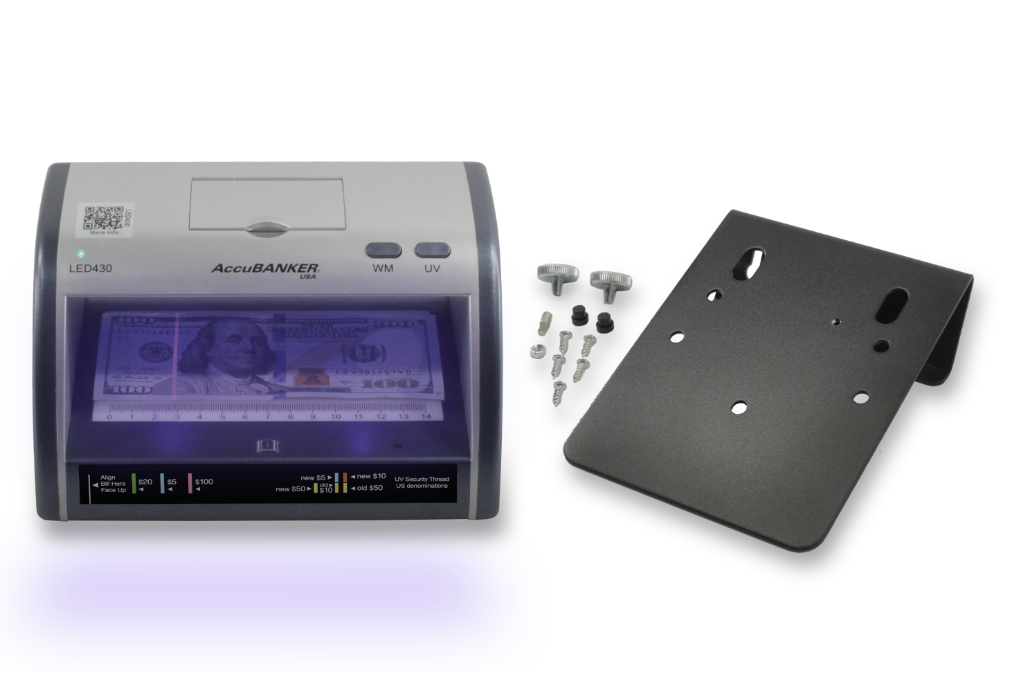 AccuBANKER LED430 6-point Cash Multi-Currency & Card Counterfeit Money Detector w/ Superbright Ultraviolet, Magnetic & Size Detection (AccuSTAND included) Commercial Grade. CE Certified - UL listed