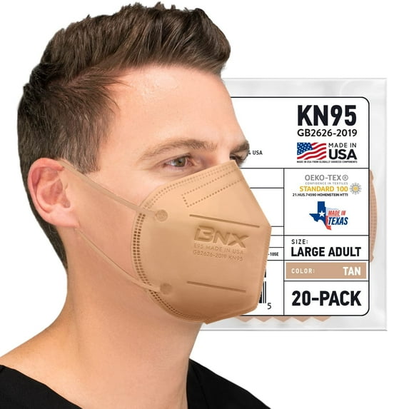 AccuMed BNX 20-Pack KN95 Face Mask, Disposable Particulate KN95 Mask Made in USA, Protection Against Dust, Pollen and Haze (20 Pack) (Earloop) (Model: E95) Tan