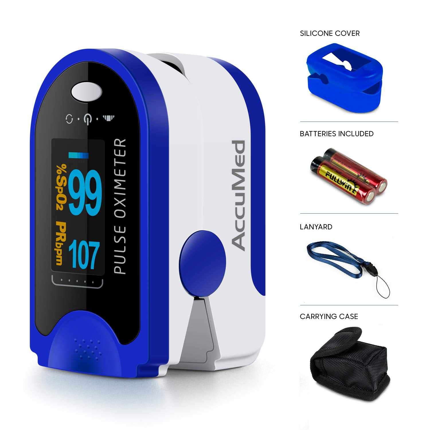 AccuMed Pulse Oximeter, Sp02 Finger Blood Pulse Oxygen Monitor, with Carrying case, Lanyard Silicon Case & Battery CMS-50 D (Blue)