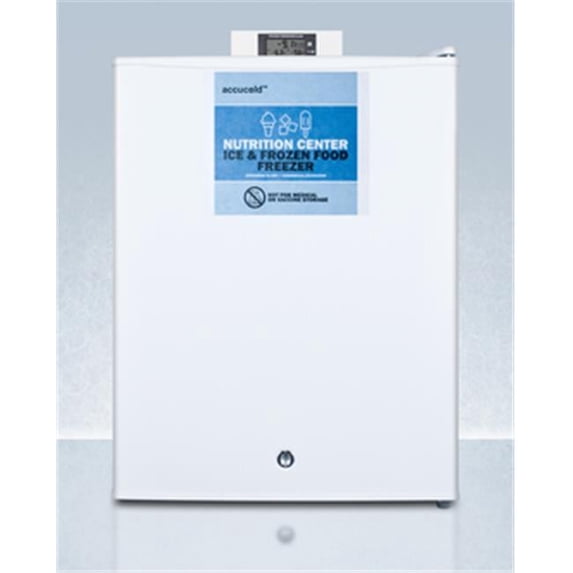 Commercially approved Nutrition Center series compact all-freezer in white with front lock and NIST calibrated digital temperature display