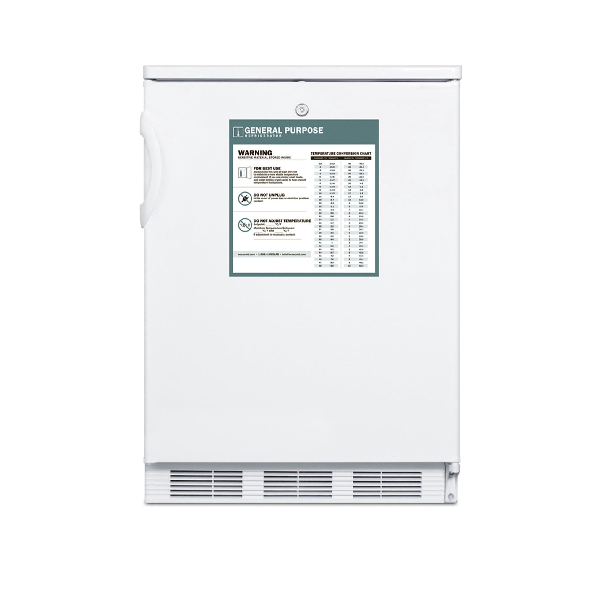 Accucold 24 Inch Refrigerator, 5.5 cu.ft., Undercounter, Commercial, General Purpose Medical, ADA Compliant, White - FF7LWGPCADA