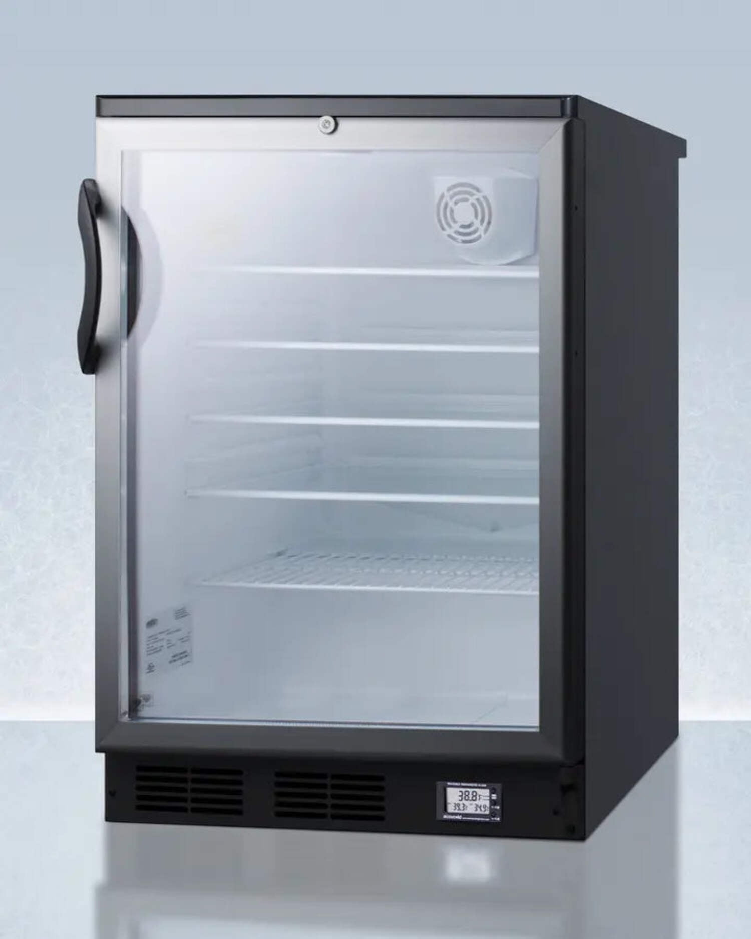 Commercially approved Nutrition Center series glass door all-refrigerator for built-in or freestanding use, with front lock and digital temperature display