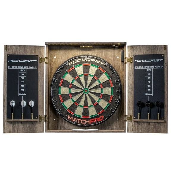 Accudart Match Pro Bristle Cabinet Set - Official Size - Self Healing Sisal - Modern Style Woodgrain - Two Built-In Dartholders - LED Lighting - Includes Scoreboard, Chalk, Eraser, and Six Darts