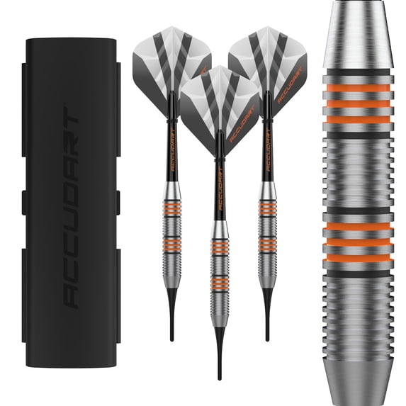 Accudart Soft Tip Dart Set 2.0 - Stainless Steel Finish Barrel - Radial Grooves - Polycarbonate Shafts - Standard Shape Flights - Tri-Fold Case for Convenient Front or Back Storage