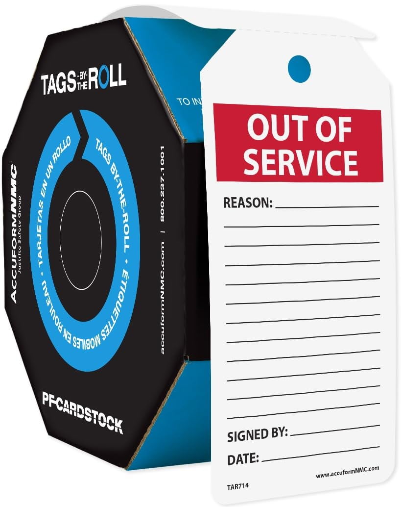 Accuform 100 "Out of Service" Tags byTheRoll, US Made, PFCardstock 6