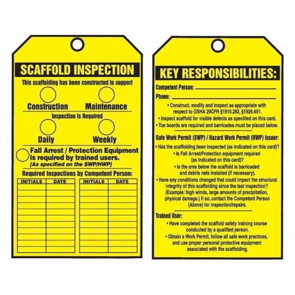 Tag, Scaffold, Cardstock, 6 1/4 in H x 3 in W, Yellow, Rectangle, 100 PK TAR718