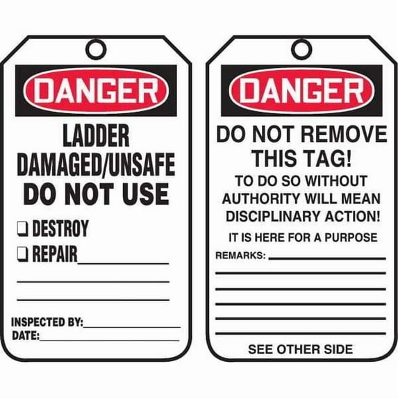 Tag, Danger, Cardstock, 5 3/4 in H x 3 1/4 in W, White, Rectangle, 25 PK
