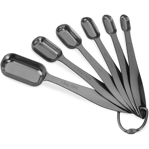 Accurate 18/8 Stainless Steel Measuring Spoons, Heavy Duty Good Handle Set of 6 Measuring Spoon with Ring Connector, Dark Grey
