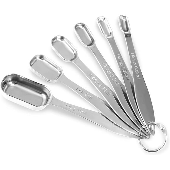 Accurate 18/8 Stainless Steel Measuring Spoons, Heavy Duty Good Handle Set of 6 Measuring Spoon with Ring Connector, Silver