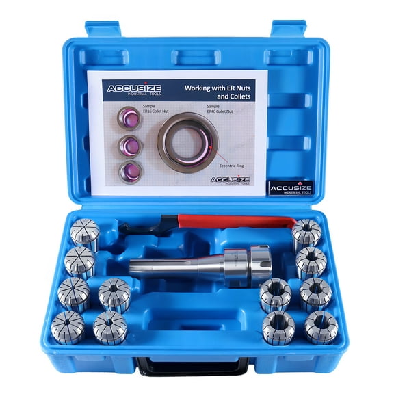 Accusize 12 Pc Er-32 Collet Set Plus 1 Pc R8 Bridgeport Shank Holder and a Wrench in Fitted Box, 0223-0974