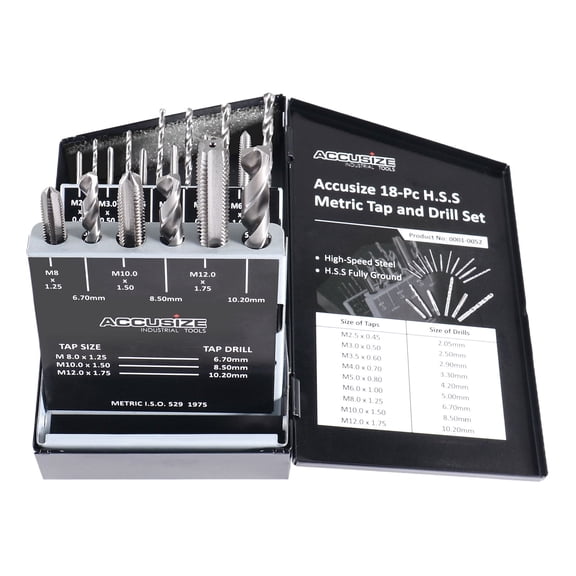Accusize 18 Pc HSS Tap and Drill Set, Metric, 0001-0052