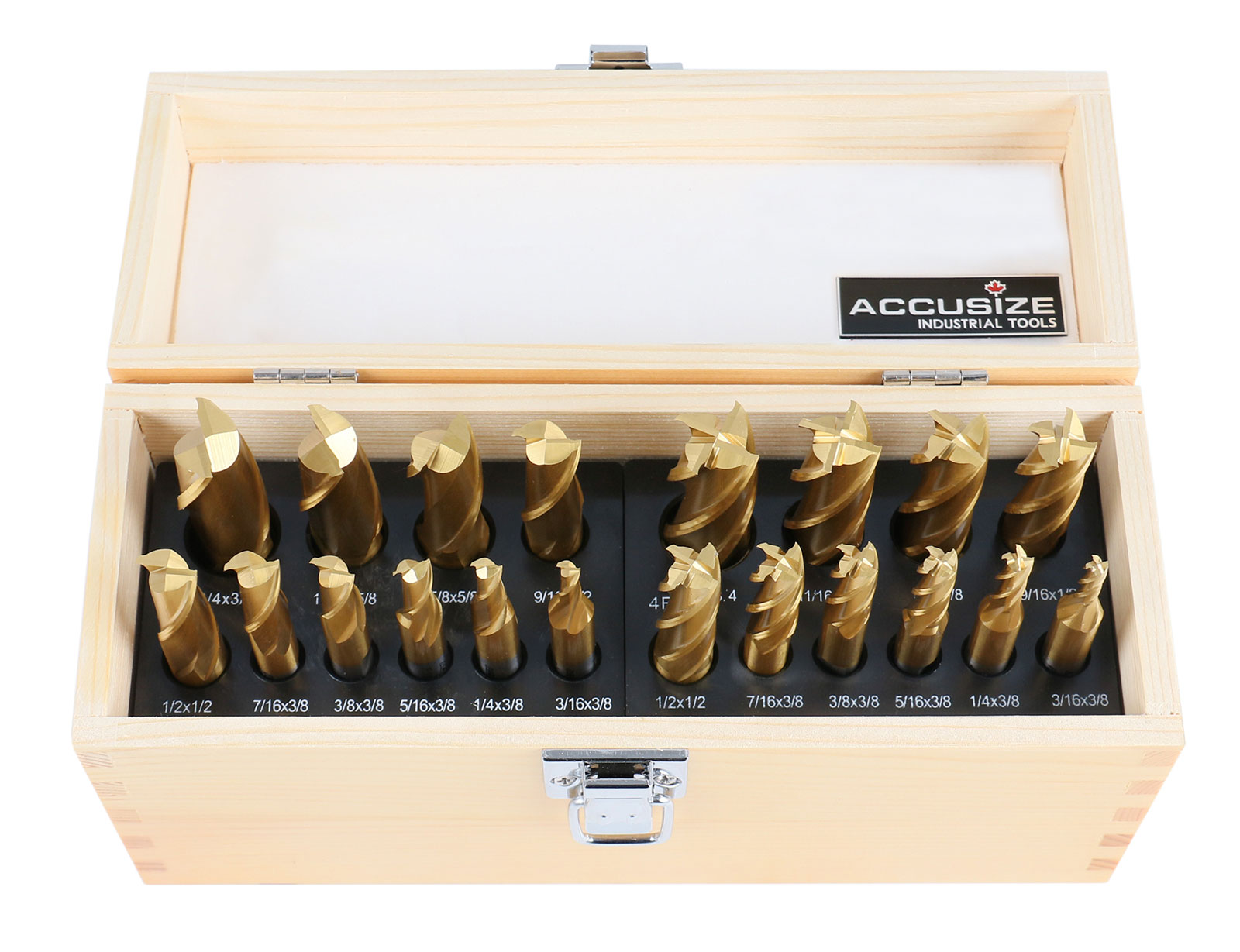 Accusize 20 Pc Hss Tin Coated End Mill Set, 2 Flute and 4 Flute, Cutting Diameter from 3/16'' up to 3/4'', 1810-0100