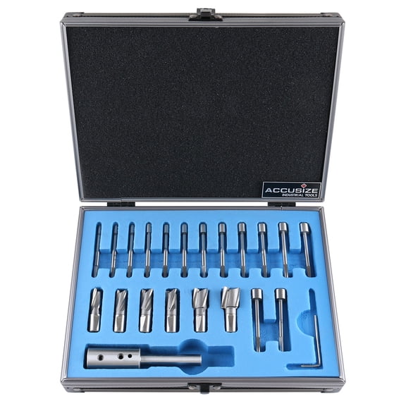 Accusize 21 Piece Metric H.S.S. Interchangeable Pilot Counterbore Set, Straight Shank, 8.5-16.5 mm, 3620-0122