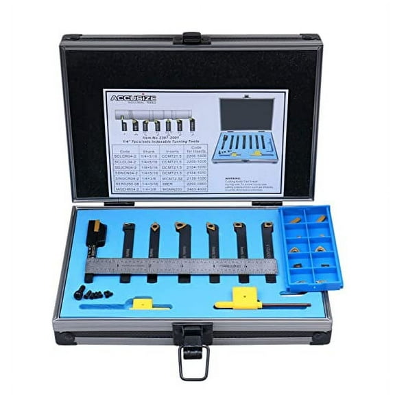Accusize 7 Pcs/Set 1/4'' Indexable Turning Tool Set with 10 Carbide Inserts and a 6'' Rigid Steel Ruler, 2387-2001PLUS