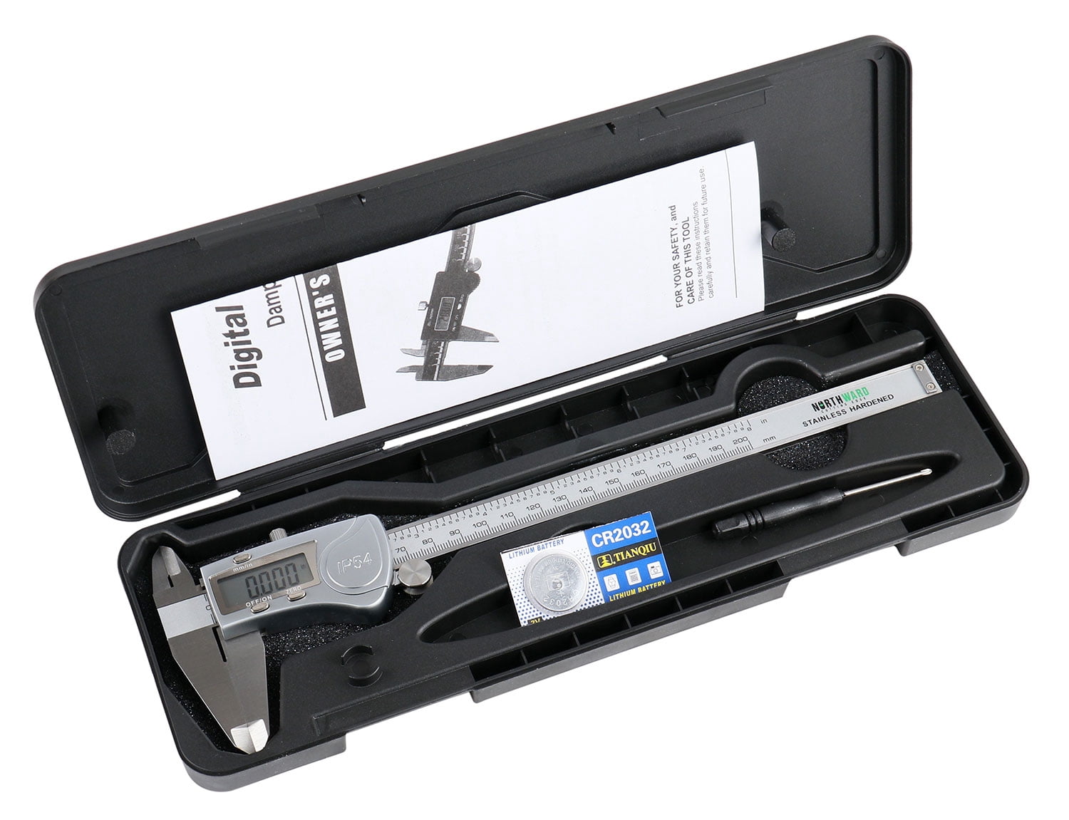 Accusize Digital Caliper, 0-8''/0-200 mm Range by 0.0005''/0.01 mm Resolution, Large LCD, Ip54 Water Resistant, 2015-0200