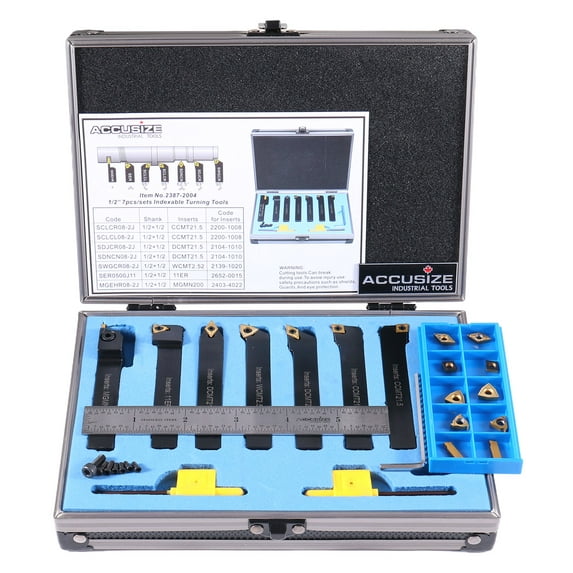 Accusize Industrial Tools 1/2'' Shank 7 Pc Indexable Carbide Turning Tool Set with 10 Extra Carbide Inserts in Fitted Box, 2387-2004PLUS