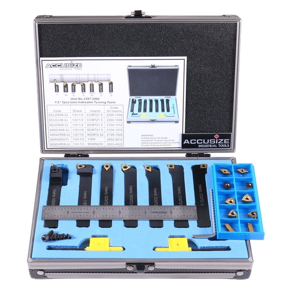 Accusize Industrial Tools 1/2'' Shank 7 Pc Indexable Carbide Turning Tool Set with 10 Extra Carbide Inserts in Fitted Box, 2387-2004PLUS