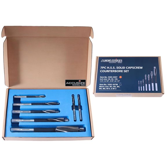 Accusize Industrial Tools H.S.S. Solid Cap Screw Counterbore Set, 3 Flute, Straight Shank, 7 Pc, 508S-0007
