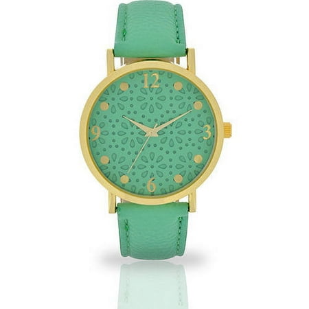 Accutime Adult Female Gold-Tone Case with Mint Green PU Leather Band Analog Watch, 10233WM