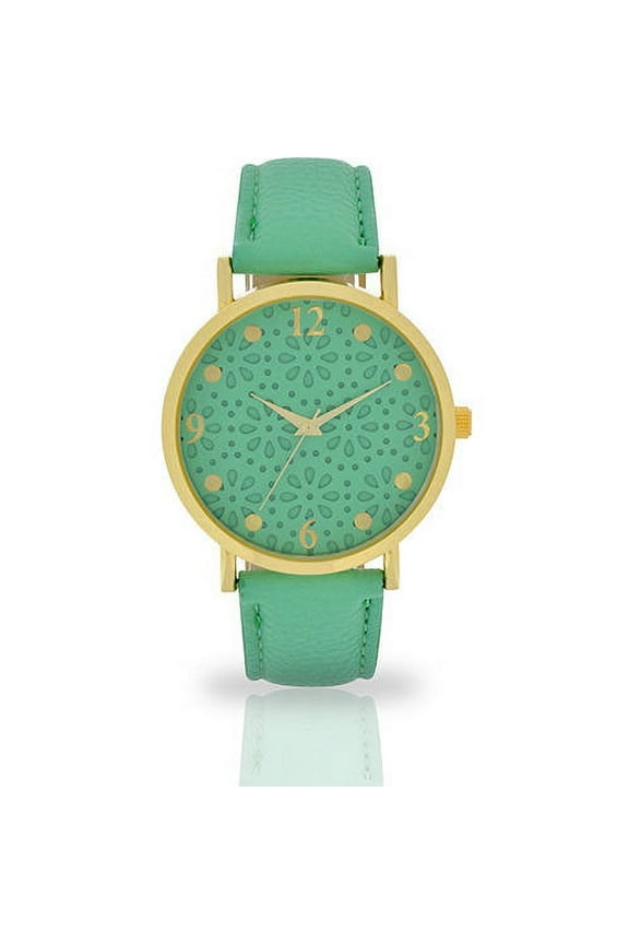 Adult Female Gold-Tone Case with Mint Green PU Leather Band Analog Watch, 10233WM