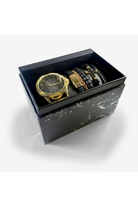 Analog Mens Watch Set w Matching Bracelets and Cross in Gold and Black Model# MAC7123WM
