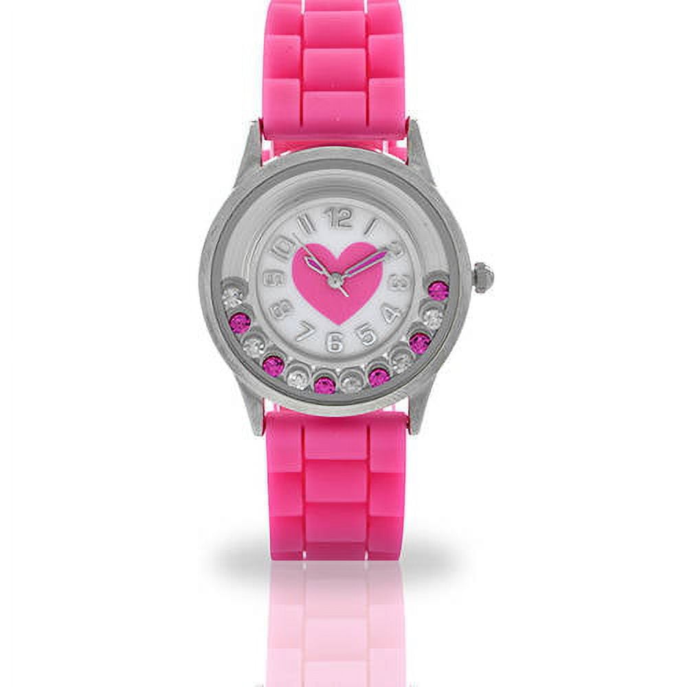 Accutime Female Child Watch Tween Pink Heart Face with Floating Stones