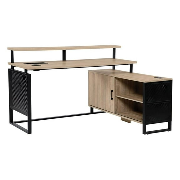 Ace 60"x 50" L-Shape Desk in River Oak Top Engineered Wood and Matte Black Frame