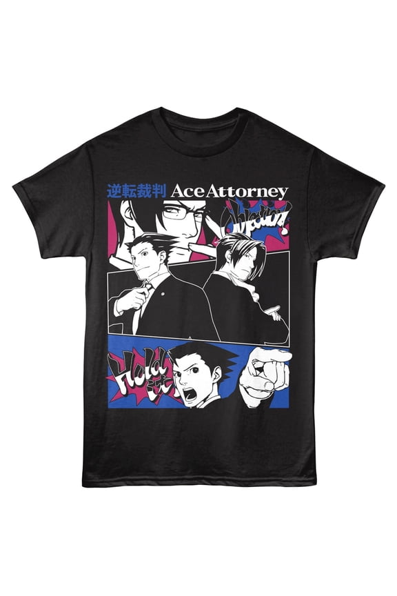 Ace Attorney Japanese Comic Strip Men's T Shirt (Black, AdultS)