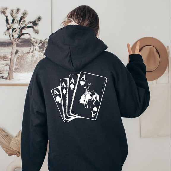 Ace Card Cowboy Hoodie, Western Rodeo Outfit, Country Style Pullover Black