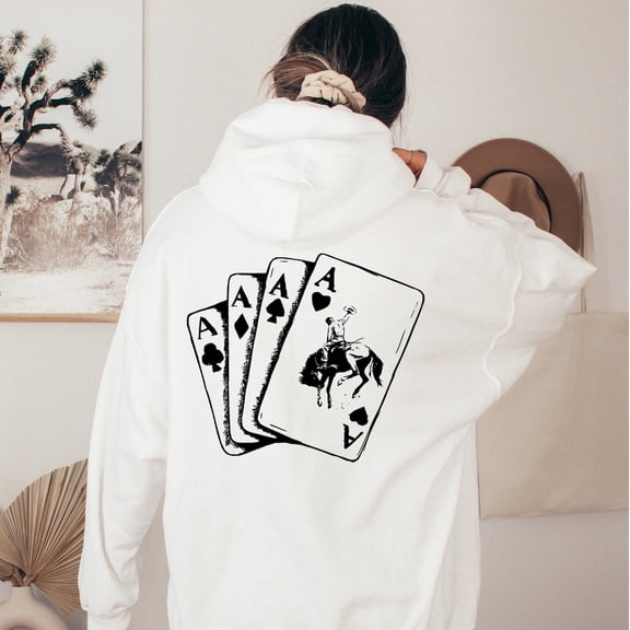 Ace Card Cowboy Hoodie, Western Rodeo Outfit, Country Style Pullover White