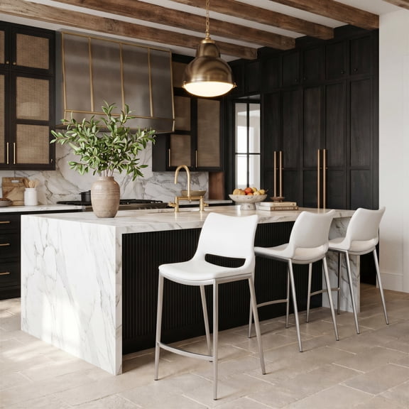 Ace Counter Stool White & Silver Counter Stool, Modern Style, Plush and durable faux leather fabric, Stainless Steel, Indoor Bar