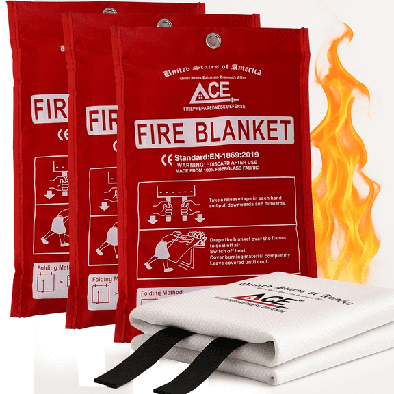 Ace Fire Defense Fire Blanket 3-Pack | 40" x 40" Fiberglass Fire Suppression Blankets | Home, Kitchen, Auto, Camping, BBQ and Outdoor Survival | Reusable, No-Mess, Heat Resistant