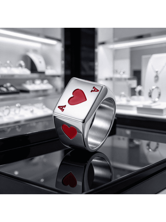 Ace Heart Card Square Signet Ring For Men Women 14K White Gold Filled Enamel Accent Craft Finger Jewelry