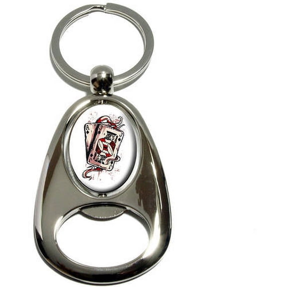 Ace Jack of Spades, Deck Cards Poker Gambling, Chrome Plated Metal Spinning Oval Design Bottle Opener Keychain Key Ring