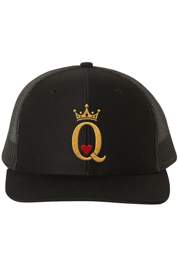 Ace King Queen Jack Embroidered Trucker Hat Playing Card Suits Graphic Mesh Back Baseball Cap (Queen)