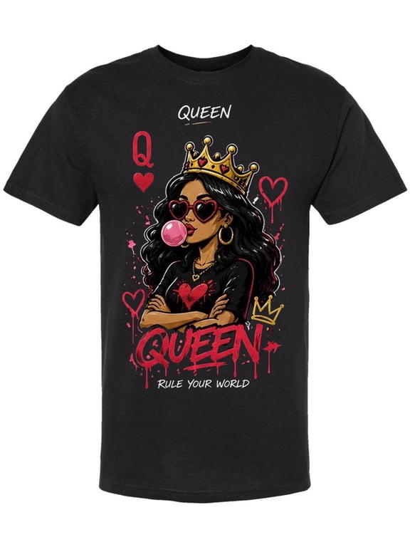 Ace King Queen Jack Printed T-Shirt Playing Card Character Streetwear 100% Cotton Crewneck Tee (Black-QueenofHearts, Medium)