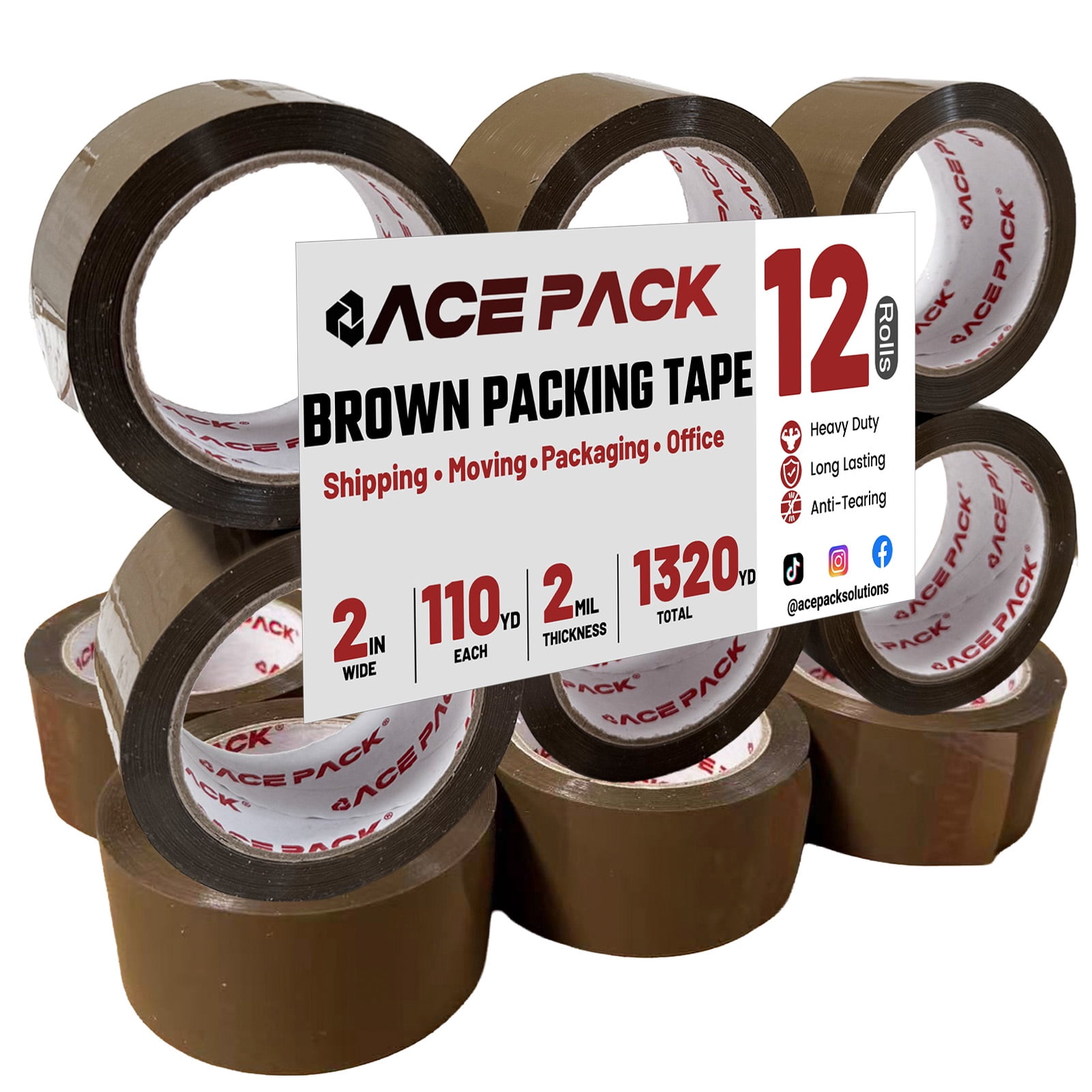 Ace Pack 2" Wide x 110 Yards Per Roll, 2.0 Mil Thick Heavy Duty Brown Packing Tape Sealing Tape Shipping Tape 12 Rolls