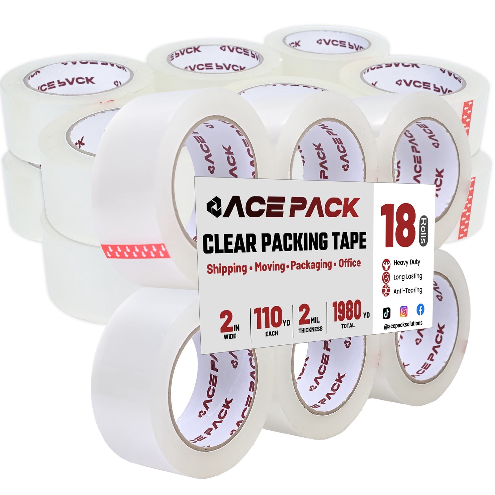 Ace Pack 2" Wide x 110 Yards Per Roll, 2.0 Mil Thick Heavy Duty Clear Packing Tape Sealing Tape Shipping Tape 18 Rolls