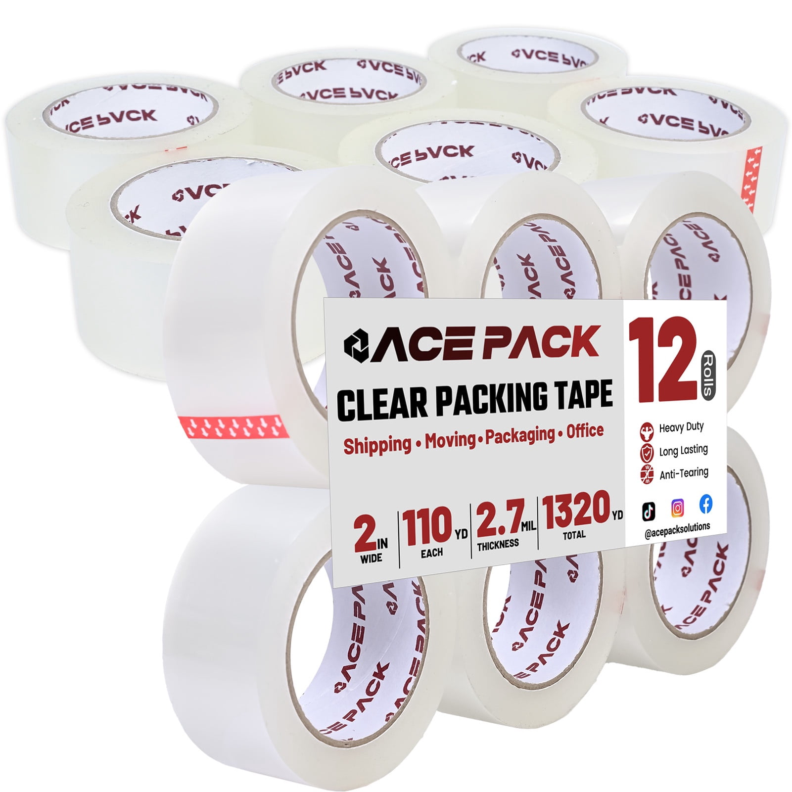Ace Pack 2" Wide x 110 Yards Per Roll, 2.7 Mil Thick Heavy Duty Clear Packing Tape Sealing Tape Shipping Tape 12 Rolls