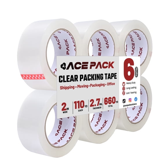 Ace Pack 2" Wide x 110 Yards Per Roll, 2.7 Mil Thick Heavy Duty Clear Packing Tape Sealing Tape Shipping Tape 6 Rolls