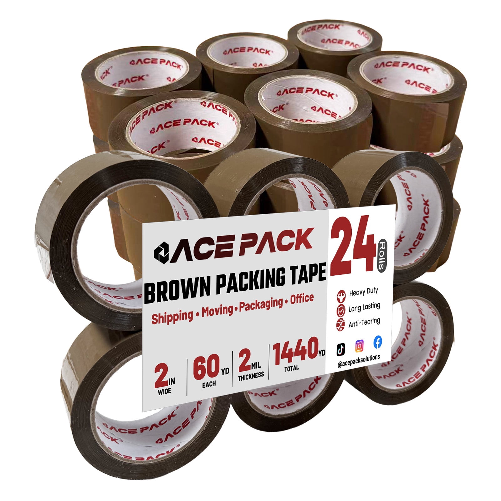 Ace Pack 2" Wide x 60 Yards Per Roll, 2.0 Mil Thick Heavy Duty Brown Packing Tape Sealing Tape Shipping Tape 24 Rolls