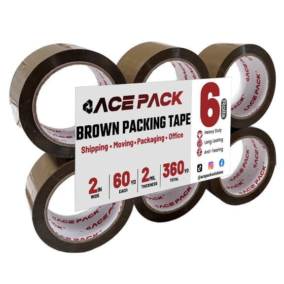 Ace Pack 2" Wide x 60 Yards Per Roll, 2.0 Mil Thick Heavy Duty Brown Packing Tape Sealing Tape Shipping Tape 6 Rolls