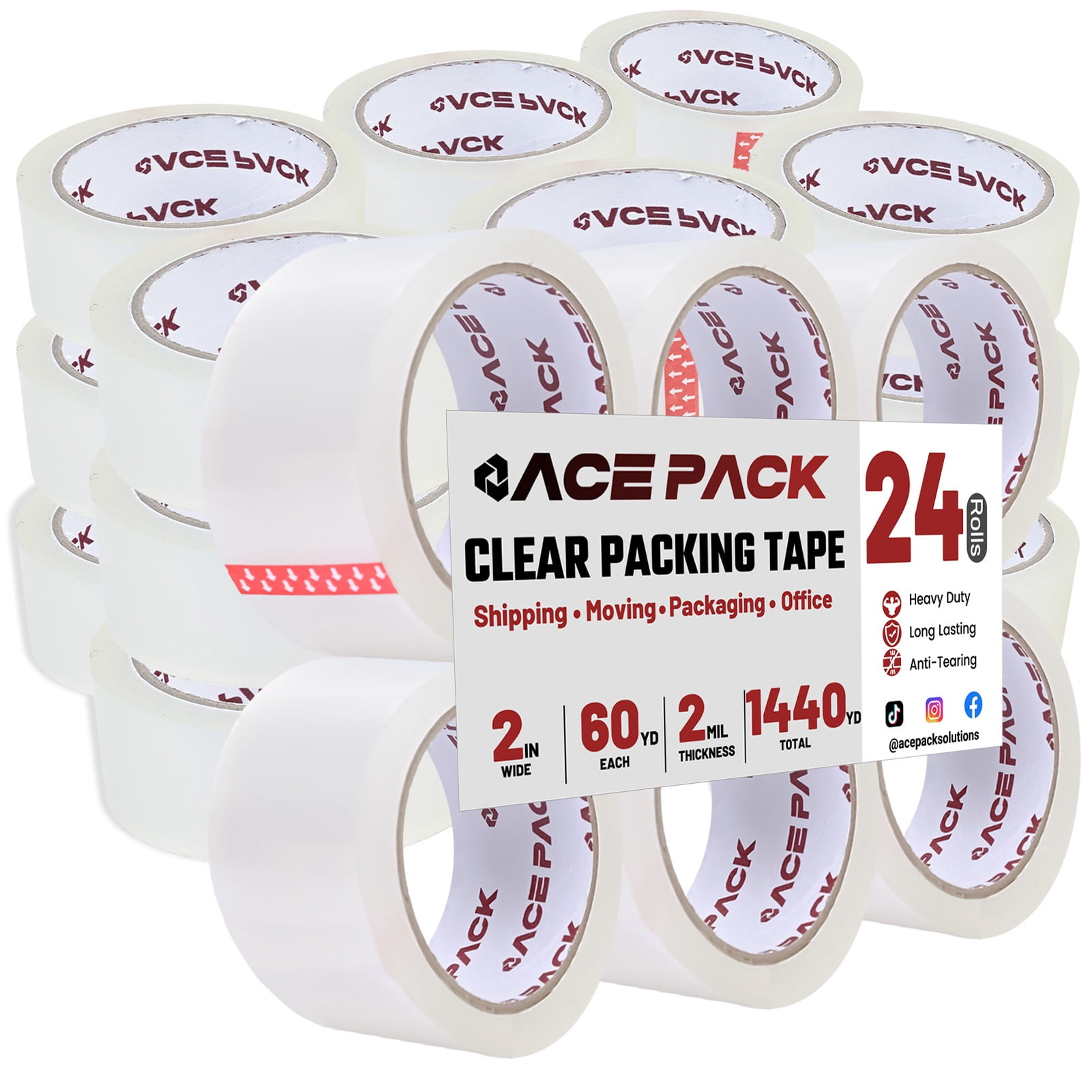 Ace Pack 2" Wide x 60 Yards Per Roll, 2.0 Mil Thick Heavy Duty Clear Packing Tape Sealing Tape Shipping Tape 24 Rolls