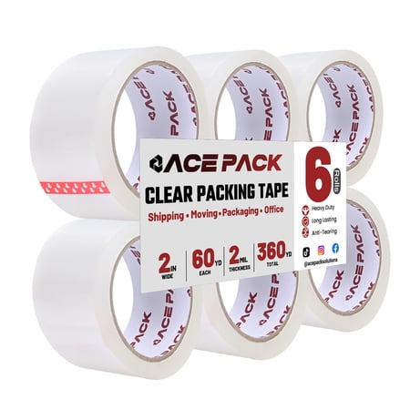 Ace Pack 2" Wide x 60 Yards Per Roll, 2.0 Mil Thick Heavy Duty Clear Packing Tape Sealing Tape Shipping Tape 6 Rolls