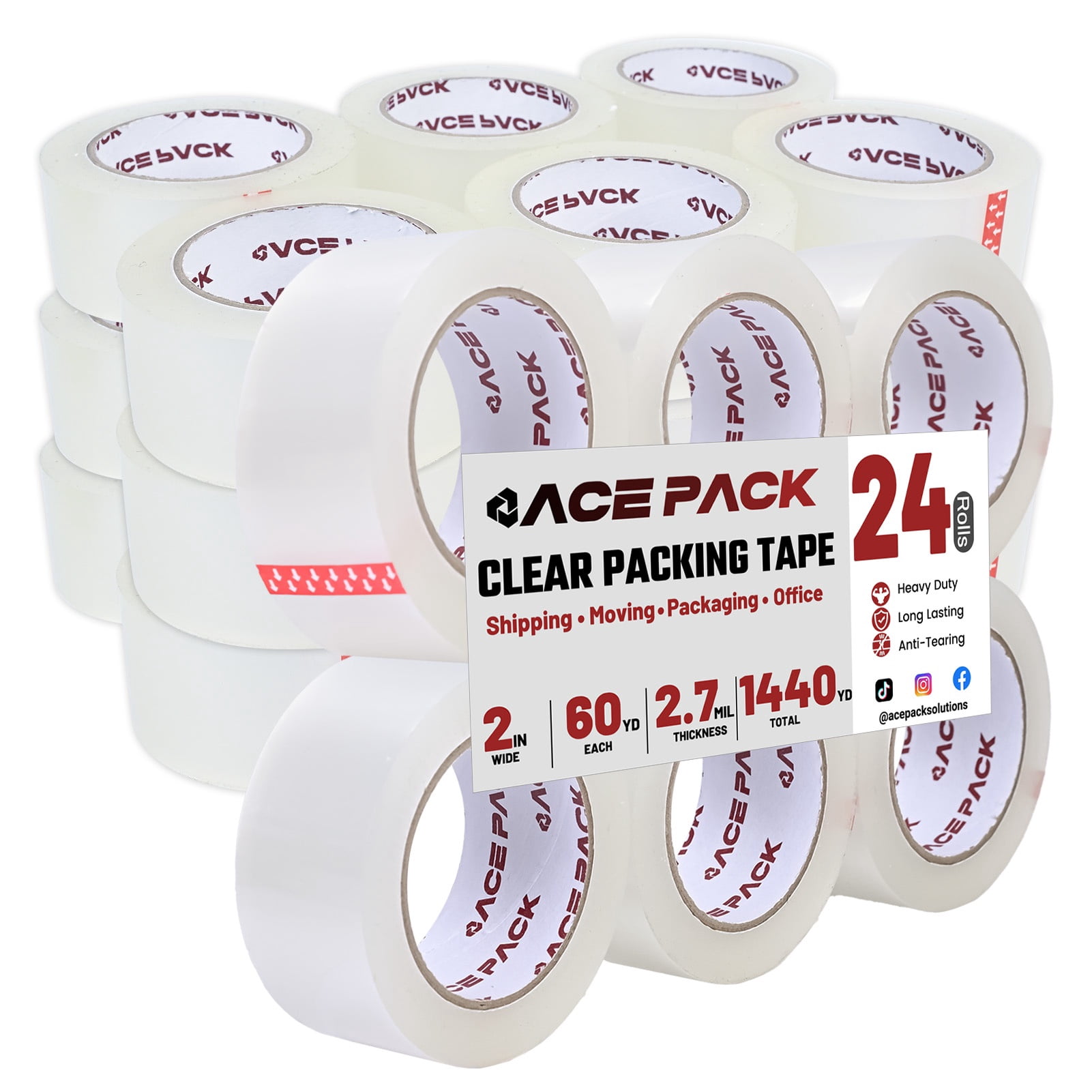 Ace Pack 2" Wide x 60 Yards Per Roll, 2.7 Mil Thick Heavy Duty Clear Packing Tape Sealing Tape Shipping Tape 24 Rolls