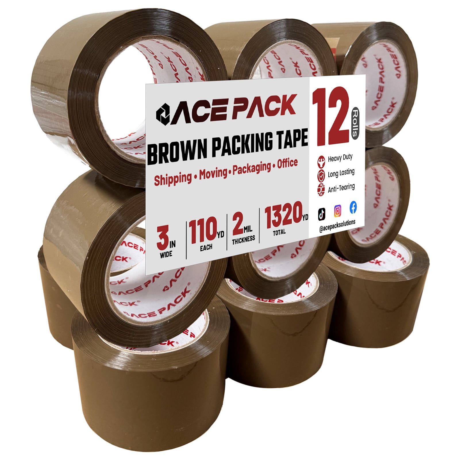 Ace Pack 3" Wide x 110 Yards Per Roll, 2.0 Mil Thick Heavy Duty Brown Packing Tape Sealing Tape Shipping Tape 12 Rolls
