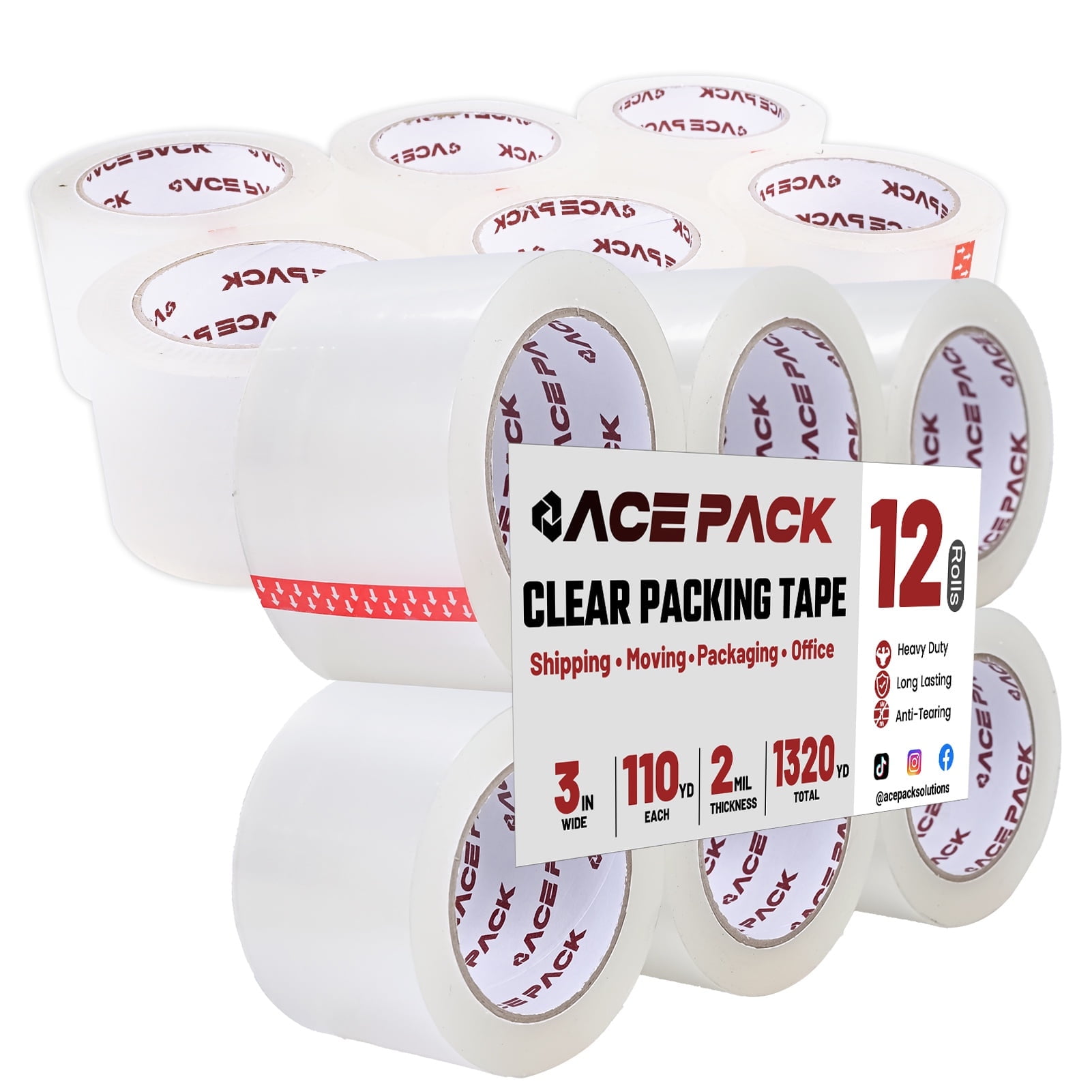 Ace Pack 3" Wide x 110 Yards per Roll, 2.0 Mil Thick Heavy Duty Clear Packing Tape Sealing Shipping Packaging Tape 12 Rolls